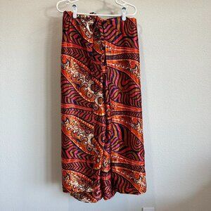 Vintage 70s Retro Red, Orange, & Navy Blue Satin Wide Leg Wrap Palazzo Pants